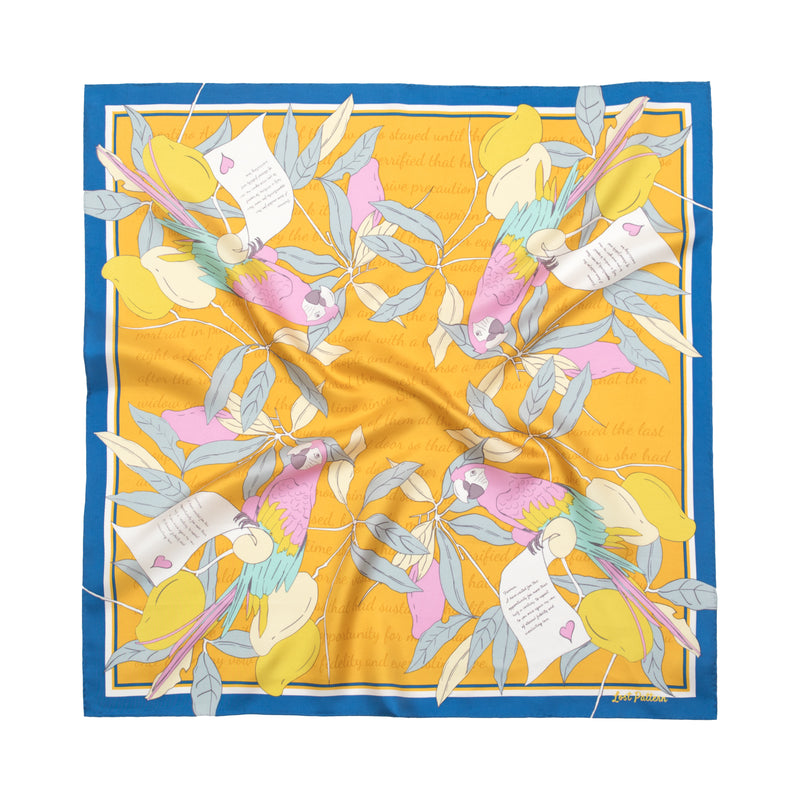 Square Silk Scarf with Parrots and Love Letter in Tuscan Sun Yellow 60