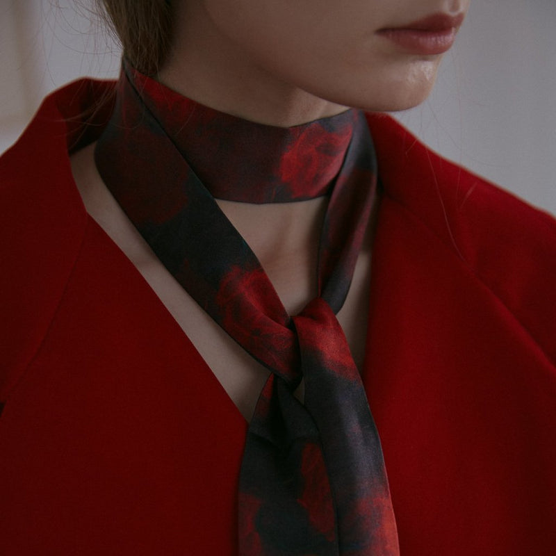 Silk Satin Skinny Scarf with Red and Black Rose Print 180