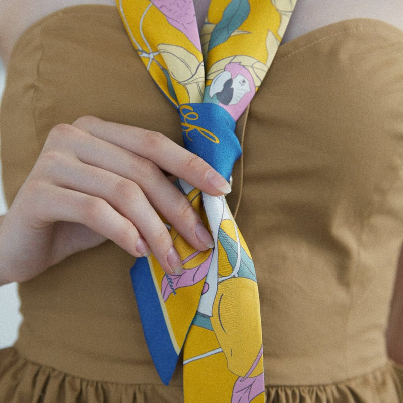Skinny Silk Scarf with Parrots and Love Letter in Tuscan Sun Yellow 120