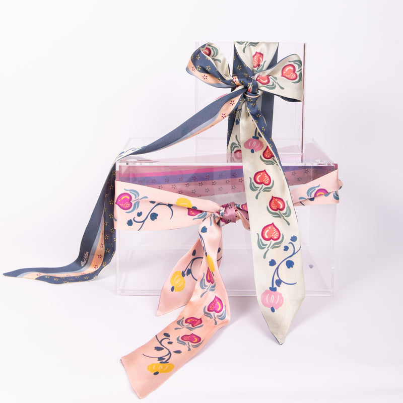 Silk Satin Skinny Scarf with Peach and Pumpkin Print in Cameo Pink 140