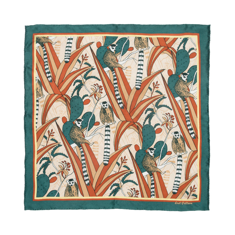 Silk Satin Square Scarf with Lemur and Cactus in Emerald Green 110