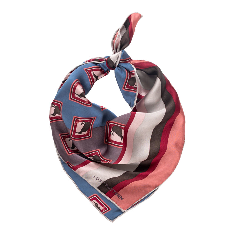 Silk Satin Skinny Scarf with Rotorua Print in Rose and Blue 180