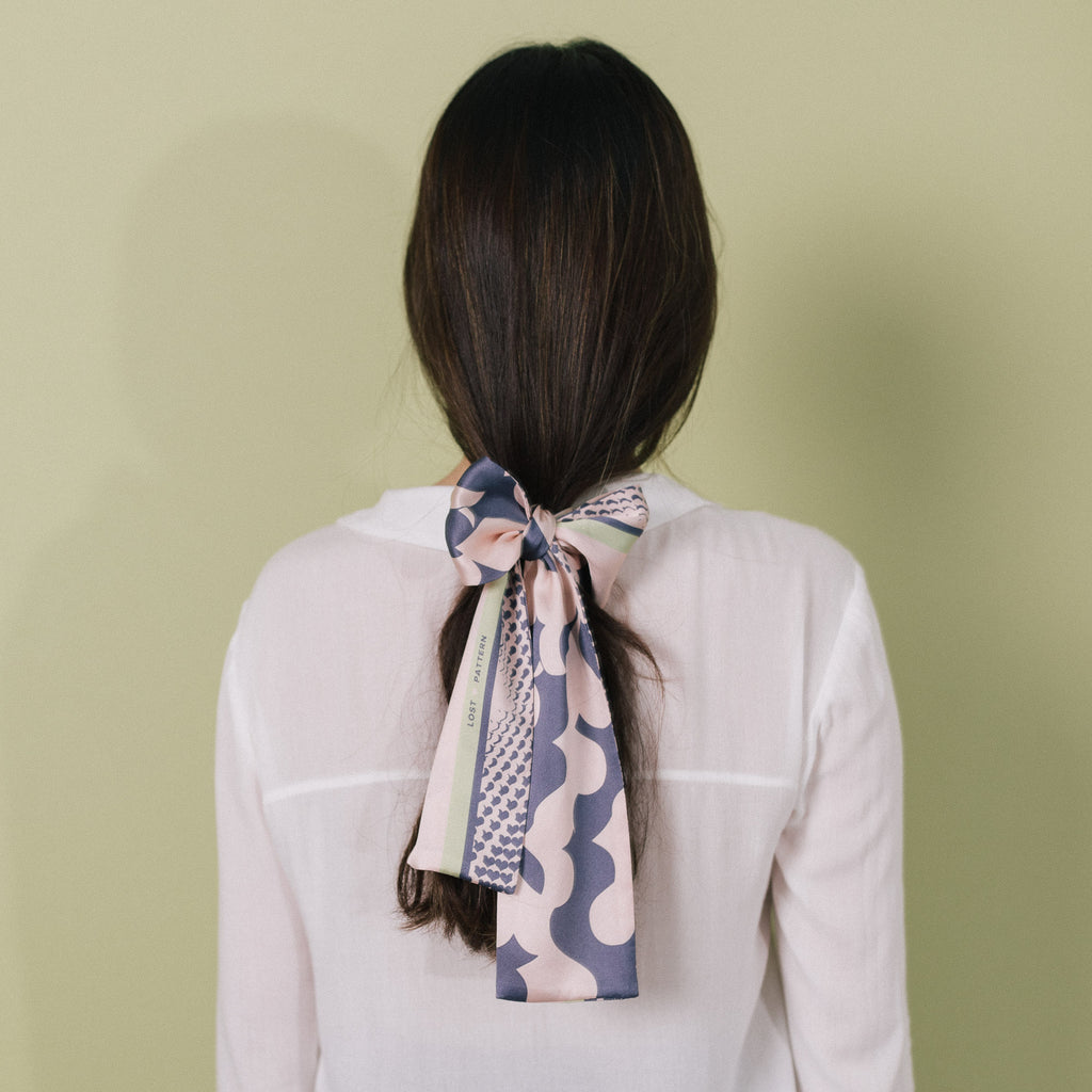 Silk Satin Skinny Scarf with I Carry Your Heart with Me Illustration in Pink and Dark Slate Blue 100