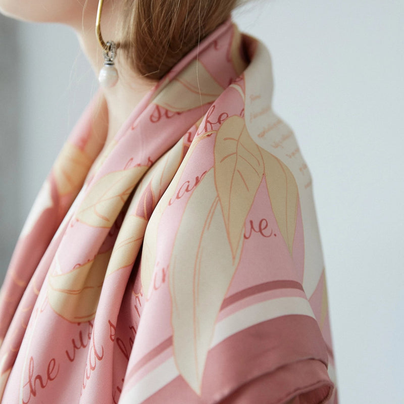 Square Silk Twill Scarf with Parrots and Love Letter in Pink 110