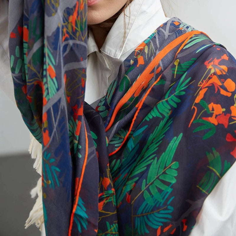 Silk Georgette Scarf / Shawl with Poinciana in Navy