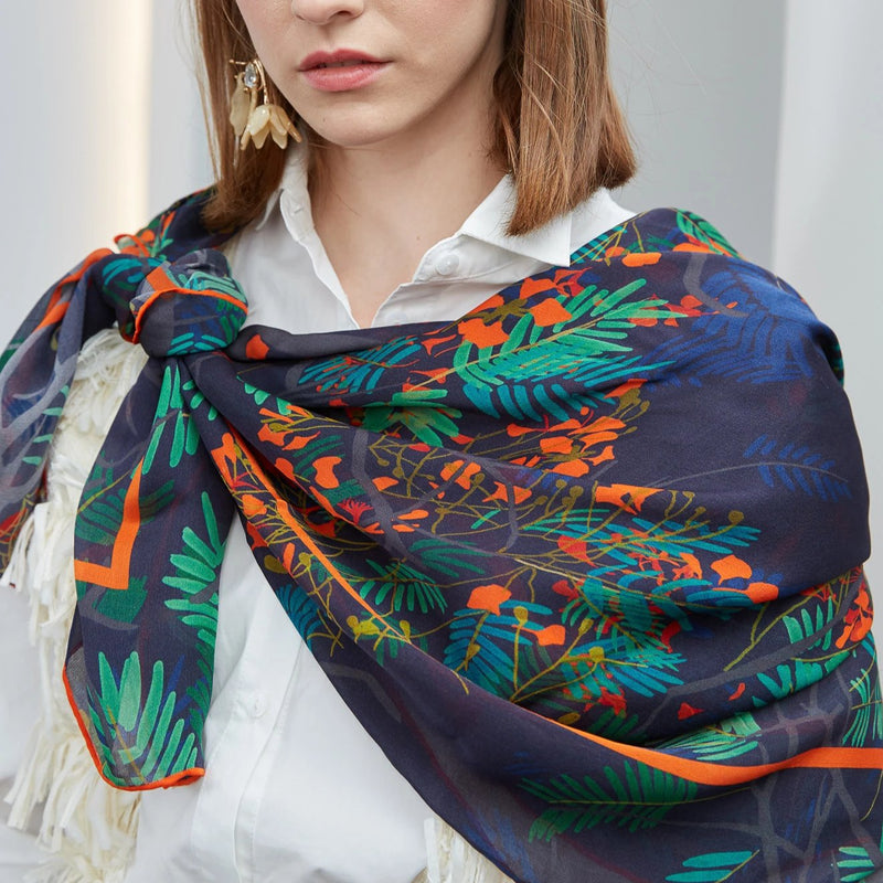 Silk Georgette Scarf / Shawl with Poinciana in Navy
