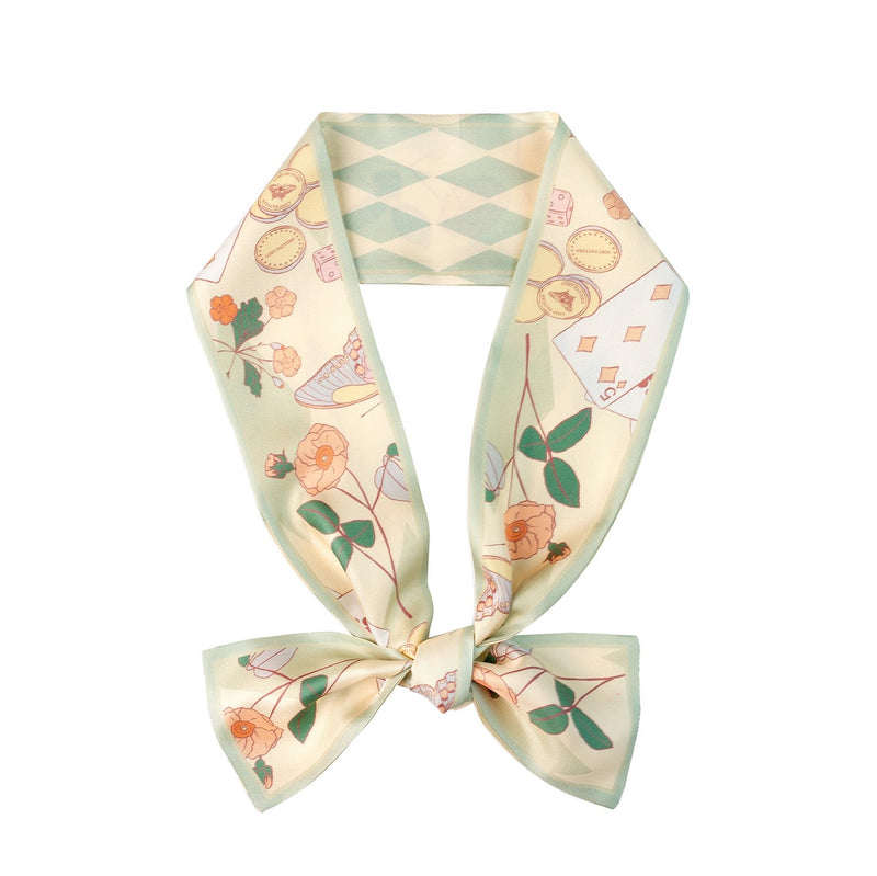 Silk Twill Skinny Scarf with Flower and Butterfly Print 100