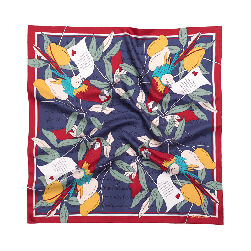 Square Silk Twill Scarf with Parrots and Love Letter in Navy Blue and Red 110